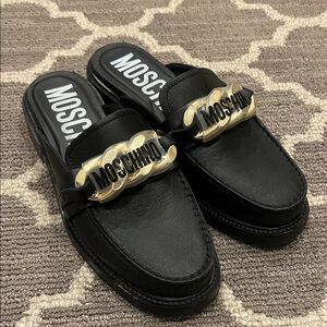Moschino Black and Gold Slip-On Loafers